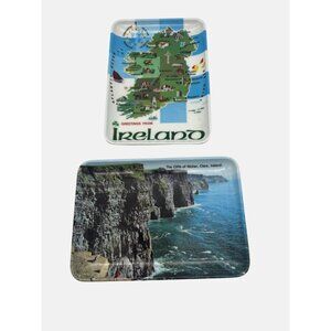 Vintage Ireland Souvenir Melamine Trays Map & Cliffs Of Moher Design 6" x 4"